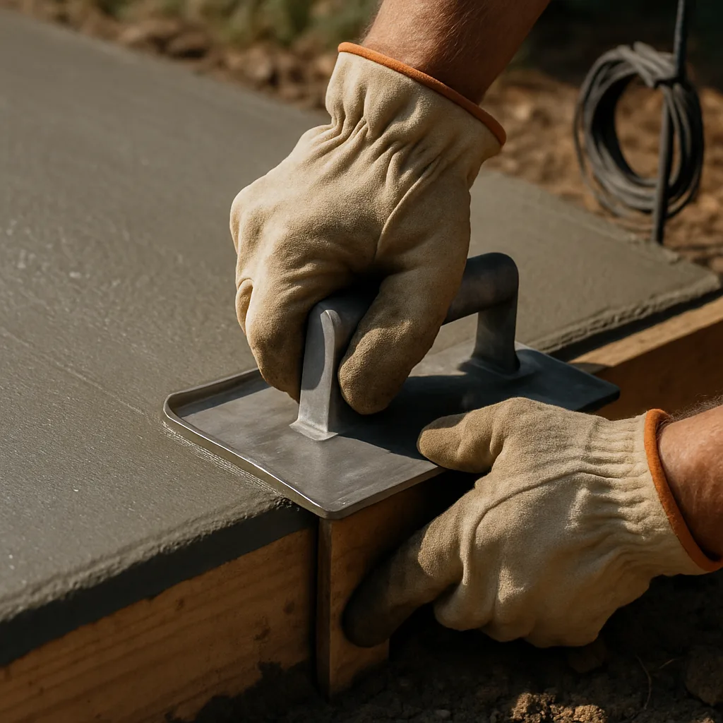 Edging tool detail on fresh concrete slab in Hamilton shed build