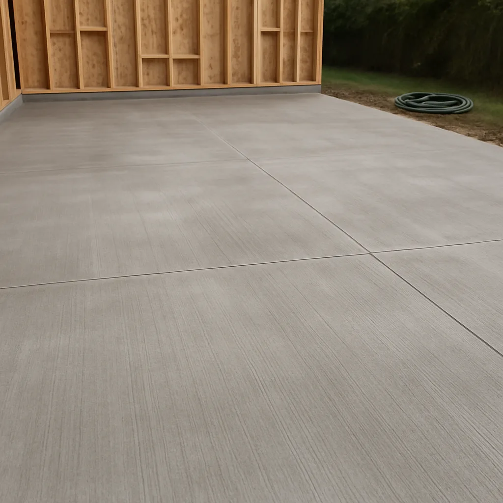 Finished broom-finish concrete slab under new garage frame Hamilton