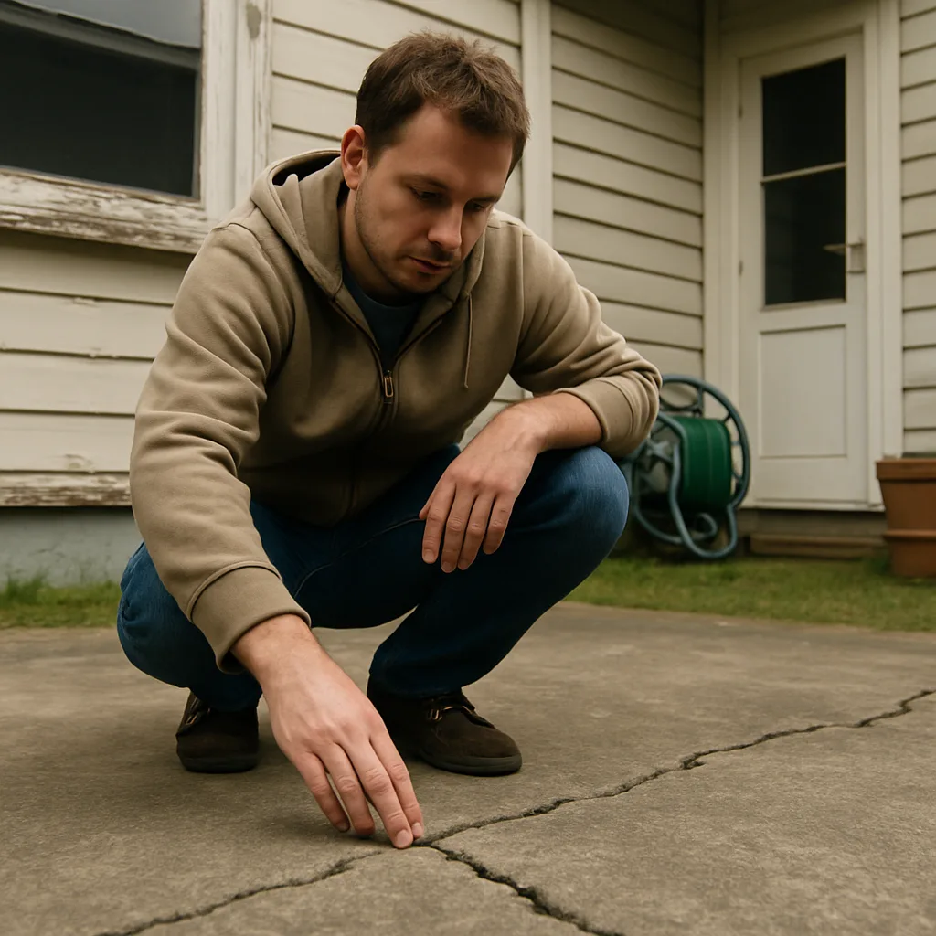 Homeowner inspecting cracked old concrete patio slab in Hamilton yard