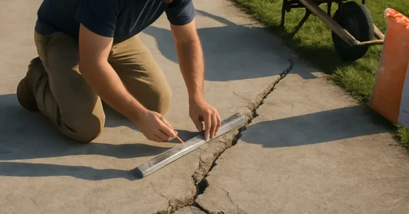 Contractor inspecting a cracked Hamilton driveway before deciding against sealing