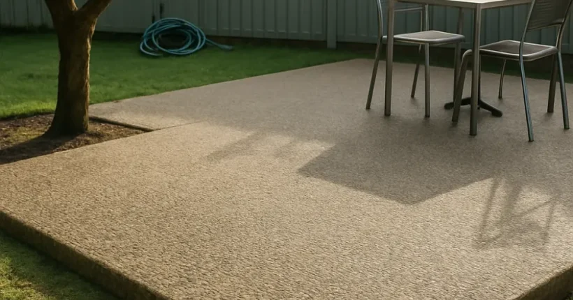 Finished exposed aggregate concrete patio in a Hamilton backyard setting