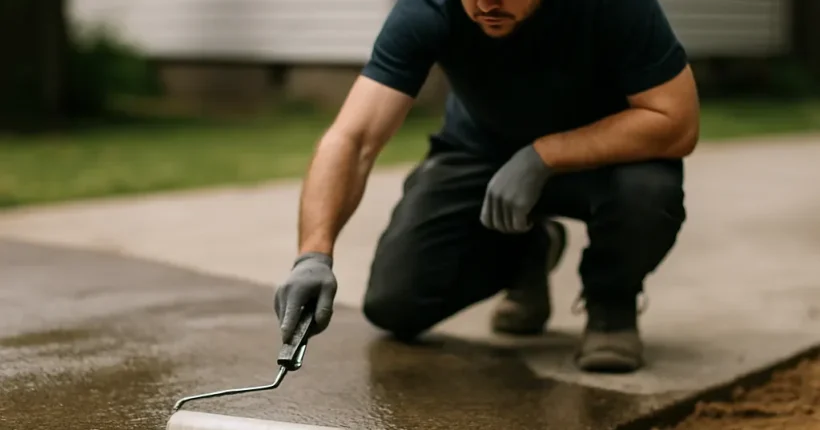 Contractor rolling sealer onto a Hamilton concrete driveway showing damp patches