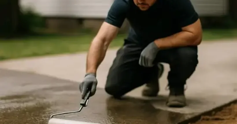 Contractor rolling clear sealer onto a Hamilton concrete driveway