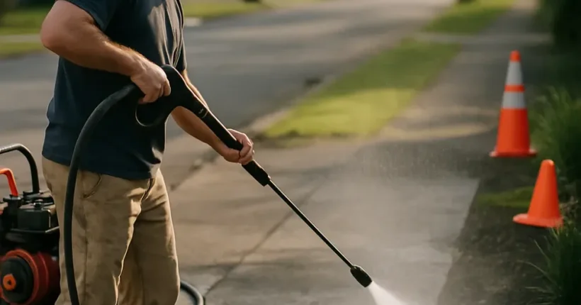 Contractor pressure washing a driveway in Hamilton before concrete sealing prep