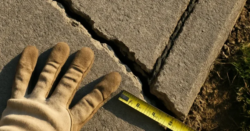 Close-up of cracked concrete driveway needing replacement in Hamilton