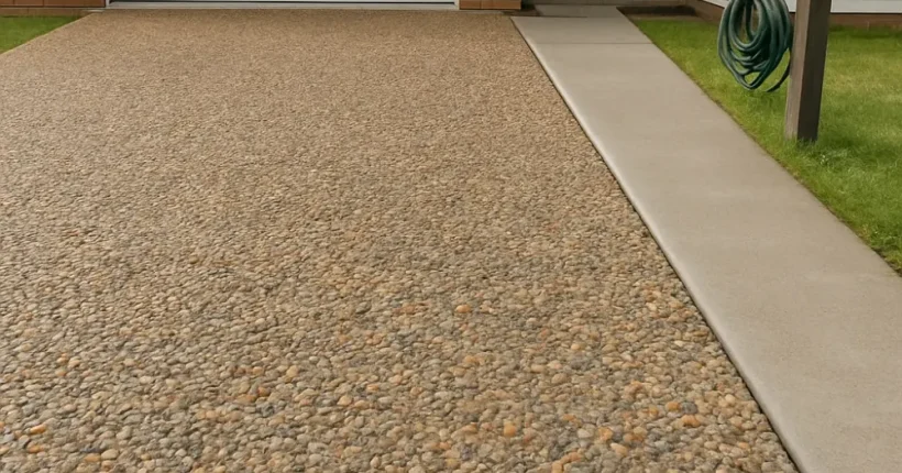 Exposed aggregate concrete driveway finish beside plain concrete Hamilton