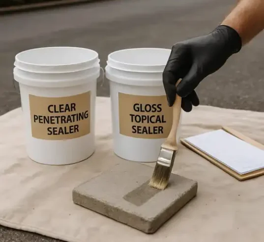 Clear penetrating sealer and gloss topical sealer buckets on a concrete sample