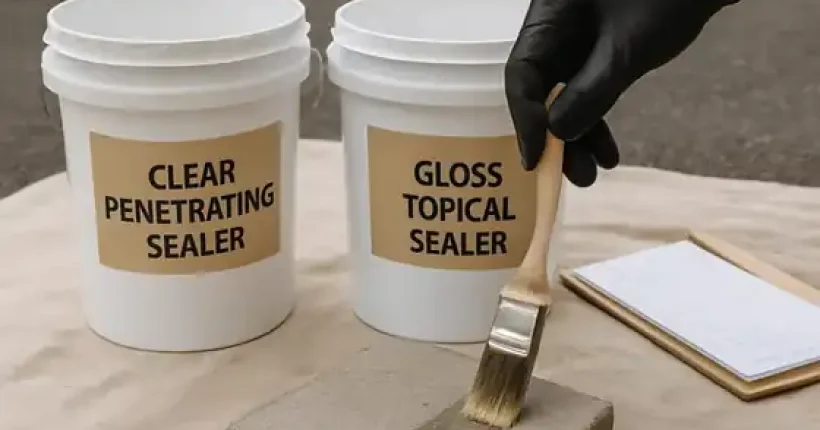 Clear penetrating sealer and gloss topical sealer buckets on a concrete sample