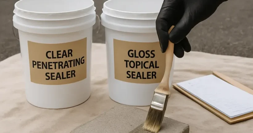 Contractor comparing penetrating and topical concrete sealer samples in Hamilton