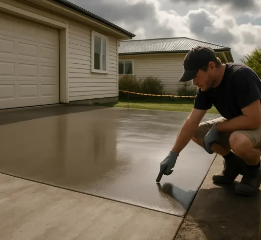 Freshly sealed Hamilton driveway with contractor checking dry time near cordon tape