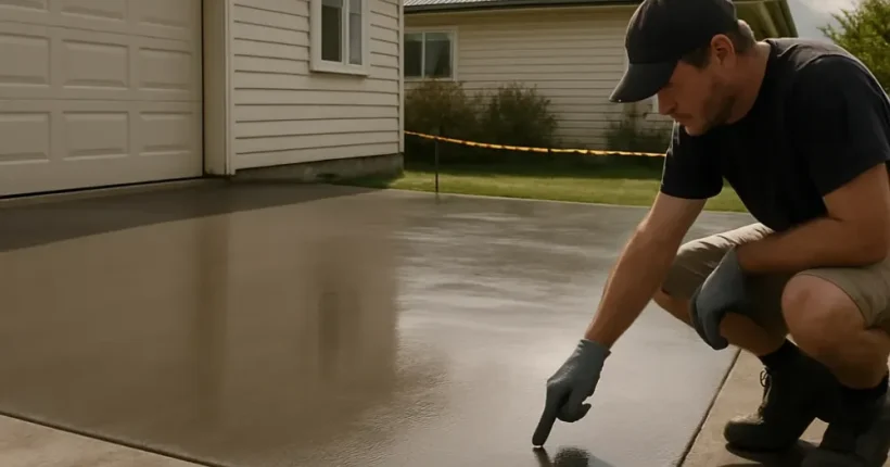 Freshly sealed Hamilton driveway with contractor checking dry time near cordon tape