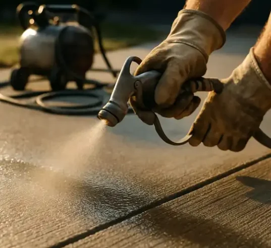 Spray applying concrete sealer to a prepared driveway surface
