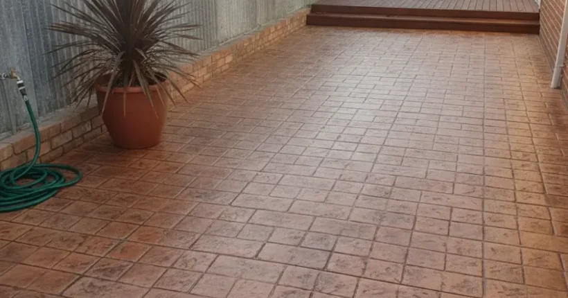 Finished cobblestone stamped concrete patio in Hamilton backyard morning light