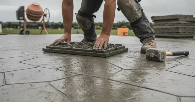Contractor stamping pattern into wet concrete patio slab in Hamilton