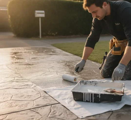 Contractor resealing existing stamped concrete path in Hamilton with roller