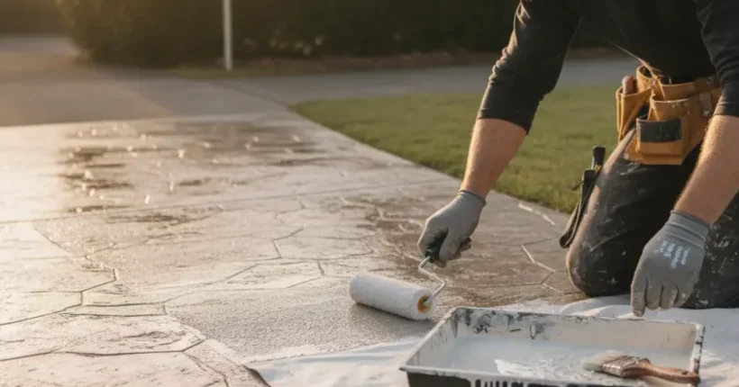 Contractor resealing existing stamped concrete path in Hamilton with roller