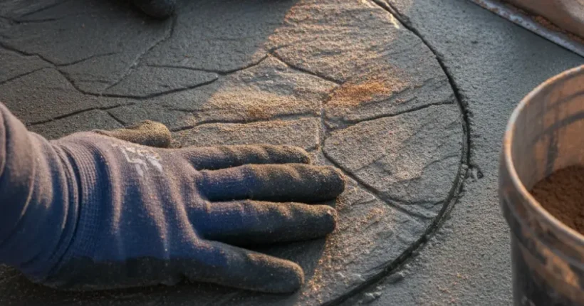 Close-up hands pressing slate pattern mat into stamped concrete Hamilton